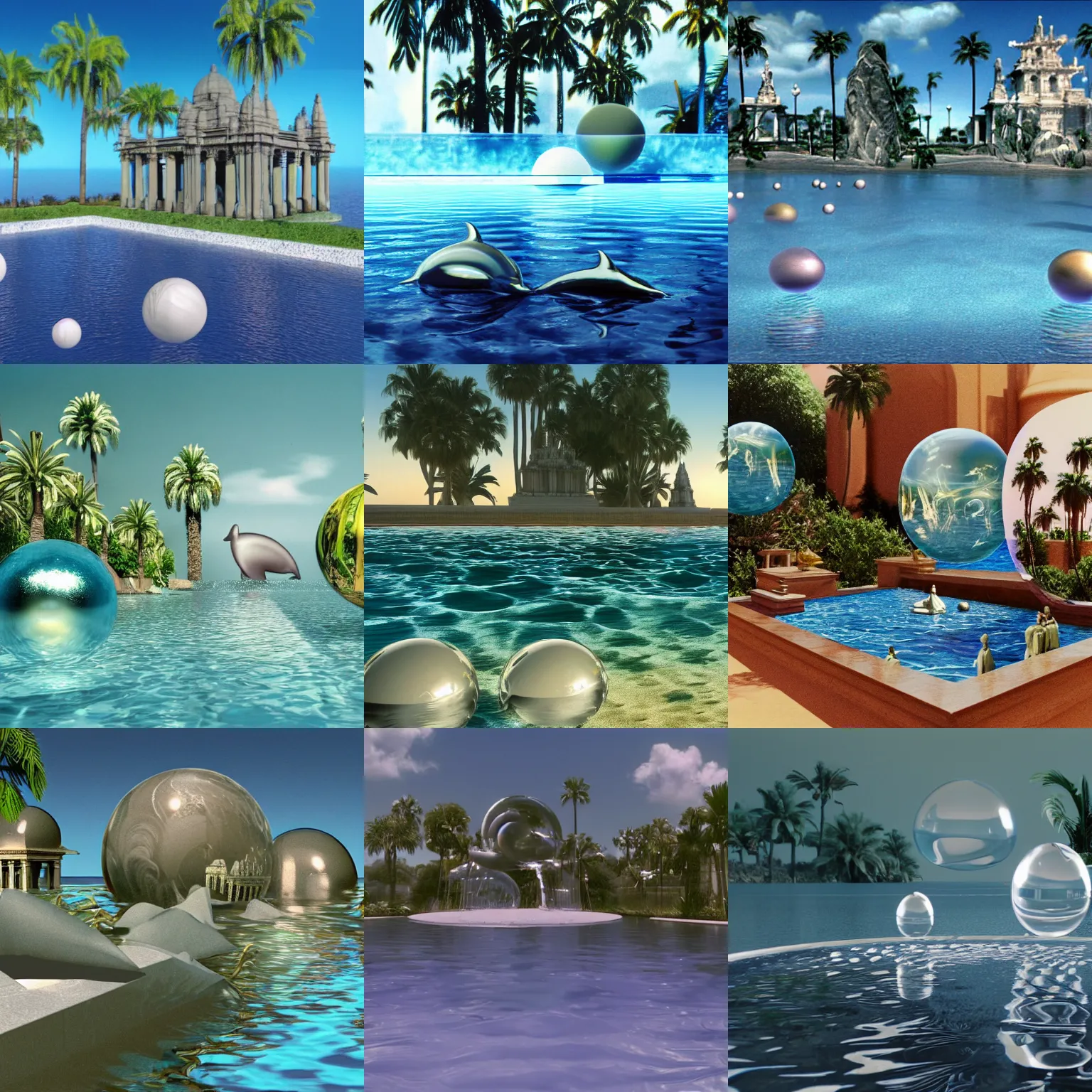 Prompt: still from a 1 9 8 5 3 d computer animation, floating spheres and shapes, water, glass, marble, chrome, stone, faces, palm trees, dolphins, temples, statues, clouds