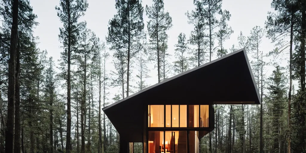 Image similar to minimal modernist a - frame house in the woods, beautiful lighting, volumetric, cinematic lighting, corona, detailed, symmetrical, minimal, clean