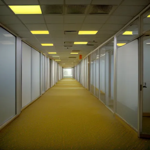 Image similar to A polaroid photograph of an empty endless office space, yellow patterned wallpaper on the walls, moist dirty carpet, unnatural fluorescent warm lights lighting the scene