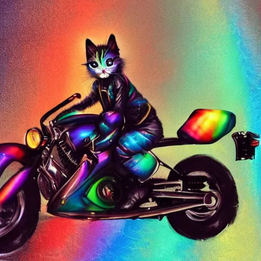 Image similar to wide angle full body, jacket wearing fluffy cute rainbow kitten wearing a black leather motorcycle jacket, riding on a motorcycle, cinematic concept art