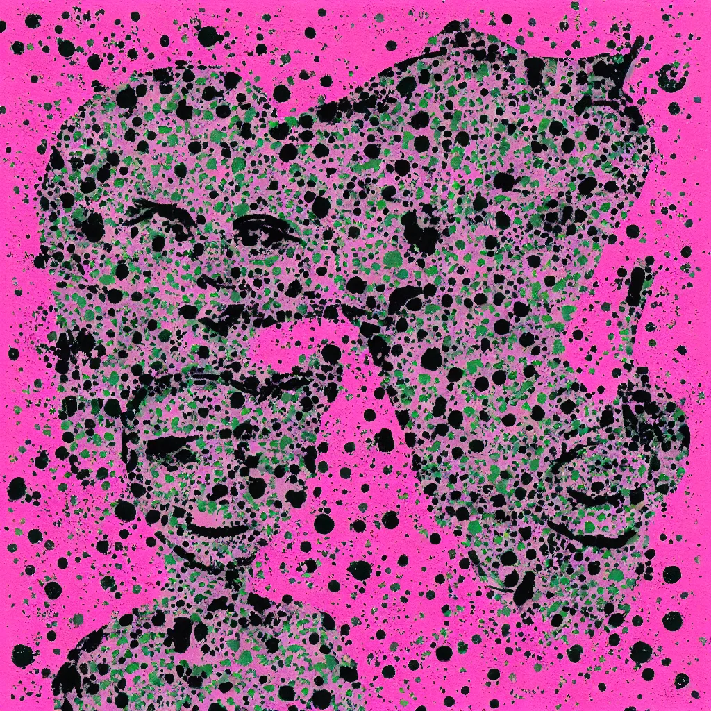 Image similar to camo made of out teeth, smiling, abstract, maya bloch artwork, pink convertible, do hoang tuong artwork, cryptic, dots, stipple, lines, splotch, color tearing, pitch bending, faceless people, dark, ominous, eerie, minimal, points, technical, old painting