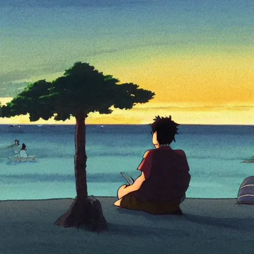 Prompt: a man sitting by the beach watching the sunset, by Studio Ghibli