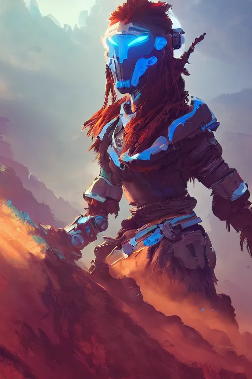 Image similar to combination suit armor aloy horizon forbidden west horizon zero dawn radiating a glowing aura global illumination ray tracing hdr fanart arstation by ian pesty and alena aenami artworks in 4 k tribal robot ninja mask helmet backpack