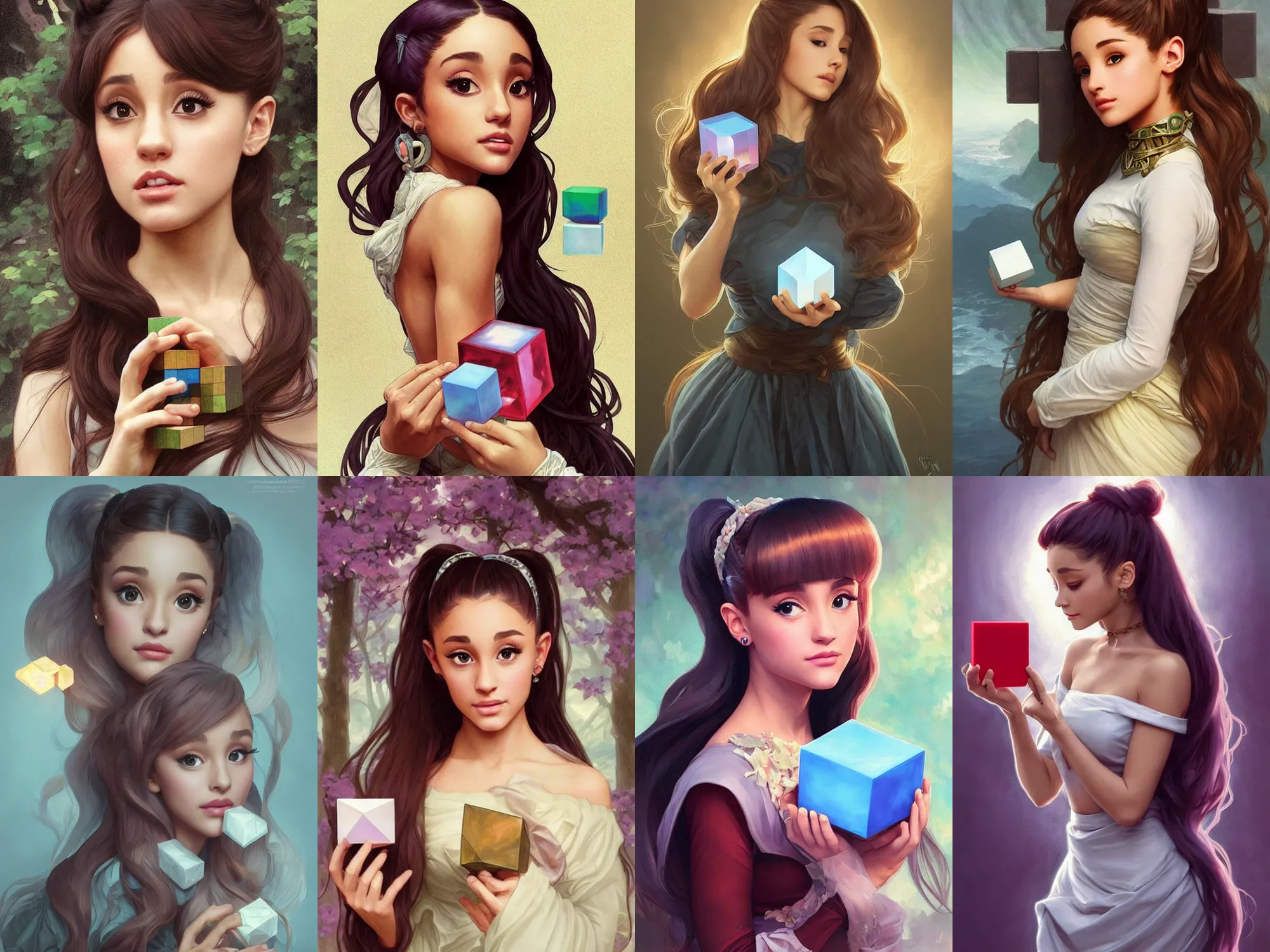 Prompt: beautiful cottagecore Ariana Grande holding a cube . general color is ff4277. intricate, elegant. highly detailed, digital painting, artstation, concept art, smooth, sharp, focus, illustration. . art by artgerm and greg rutkowski and alphonse mucha