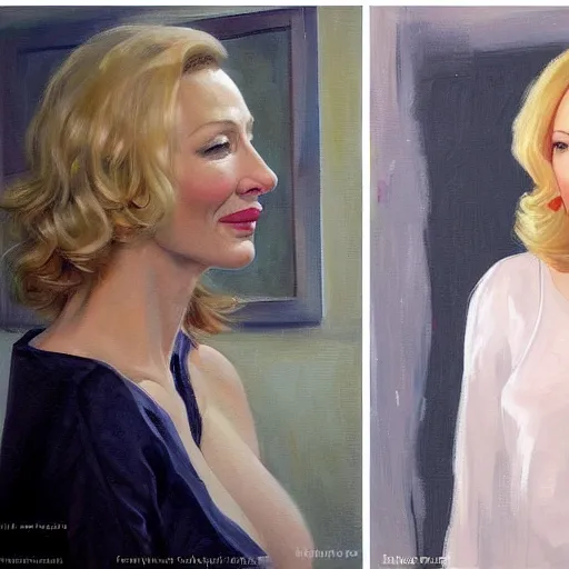 Prompt: painting of cate blanchett, fullbody, in low-cut blouse in front of a mirror, painting by Vladimir Volegov