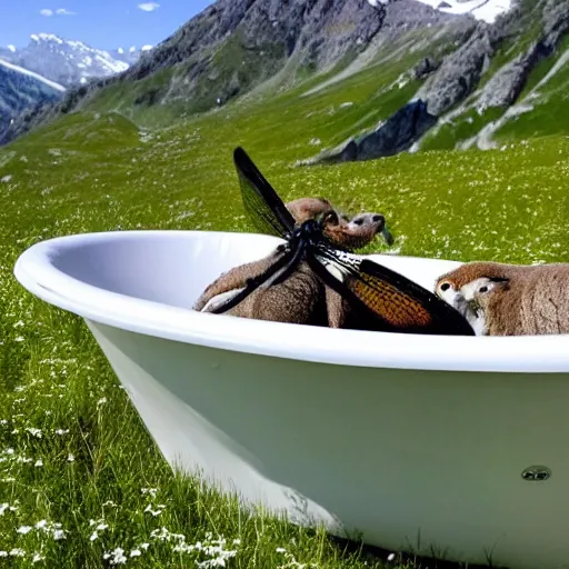 Prompt: dragonfly in a bathtub in the alps, sheep!!! in background