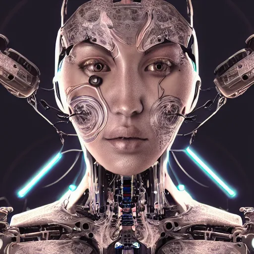 Image similar to An extremely beautiful biomechanical female looking robot with Emoji tattoos, chimeric organism, pale skin, organic polycarbon, full frontal portrait, ex machina, highly detailed, mendelbrot fractal, ray tracing, hyperdetailed, hyperrealistic, oppai cyberpunk, octane render, hdr, uhd 4k