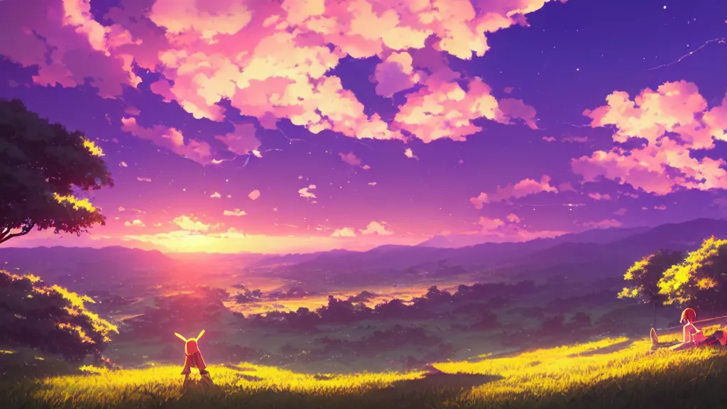 Image similar to a chocolate bar sat on the hillside and looked sky, dusk sky, beautiful sunset glow, large clouds, rich vivid colors, ambient lighting, dynamic lighting, official media, anime key visual, detailed, artwork by makoto shinkai, rossdraws.