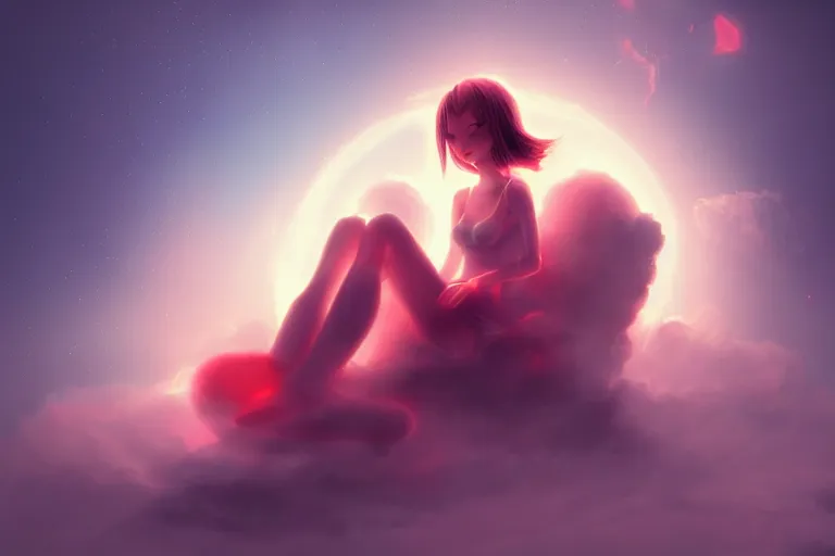 Image similar to a cute robot girl sitting on a cloud relaxing, red lighting, mist, digital art,