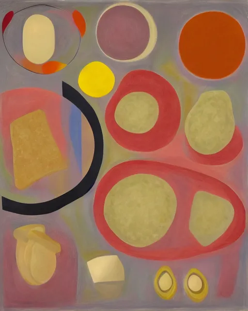 Image similar to the ingredients of a cheeseburger, geometric abstract art in the style of Hilma af Klint —mp —mp