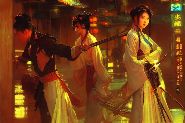 Image similar to wuxia, neon light, painting by gaston bussiere, craig mullins, j. c. leyendecker