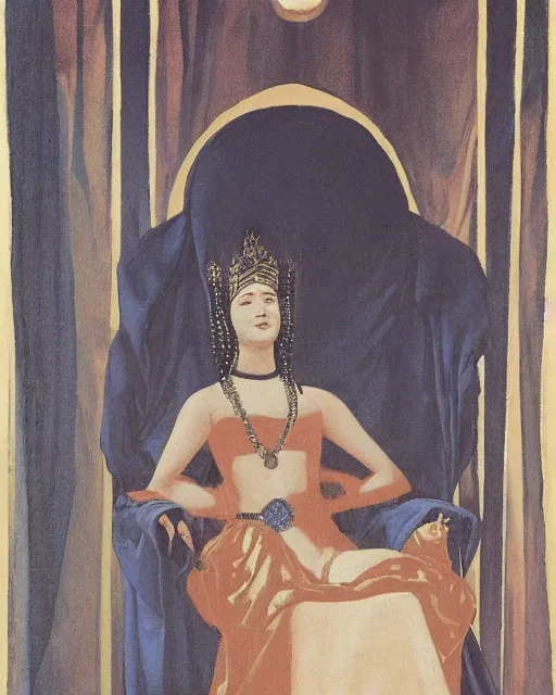 Image similar to an illustration of a queen on a throne at night in the style of johann heinrich fussli and nicholas roerich and georgia o keeffe, realistic, detailed, oil painting