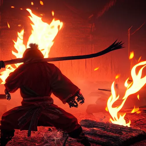 Prompt: japanese ninja boss inspired from sekiro shadows die twice near a camp fire, evening time, digital illustration, highly detailed art, 8k image quality, full body camera shot