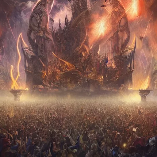 Prompt: Beautiful image of thousands sorcerers fighting with each other , dramatic lighting, dramatic shadows, thunders, magic, fire, power, face painting, dramatic lighting, intricate, wild, highly detailed, digital painting, artstation, concept art, smooth, sharp focus, illustration, art by artgerm and greg rutkowski and alphonse mucha, footage from space camera