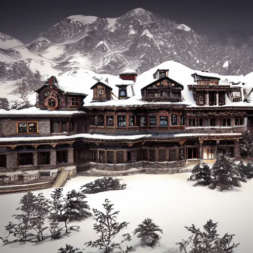 Image similar to a huge steampunk mansion in the snow deep in the himalayan mountains. 4 k octane render.