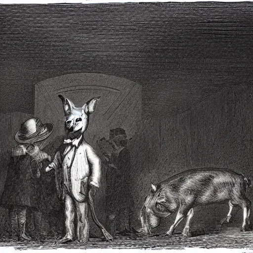 Prompt: pig in a tuxedo walk out of a barn, dramatic lighting, creepy, farm background chiaroscuro, high detail, illustration by gustave dore