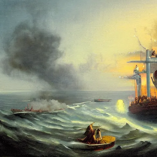 Prompt: a modern oil painting of a ship leaving the dock for paradise, during the apocalypse.