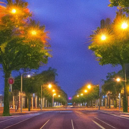 Image similar to boulevard, median with trees, uptown neighborhood, liminal space, traffic lights, blue hour