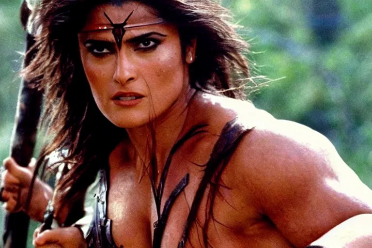 Image similar to epic photo of muscular salma hayek as beautiful barbarian warrior princess in a battle scene, detailed eyes, neutral expression, shallow depth of field, photorealistic, cinematic lighting, lovely bokeh, warm colours, dusk, movie quality, conan the destroyer 1 9 8 5