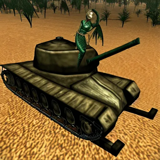 Prompt: a morrowind elf driving a wwii tank in morrowind, retro 3 d graphics, game screenshot
