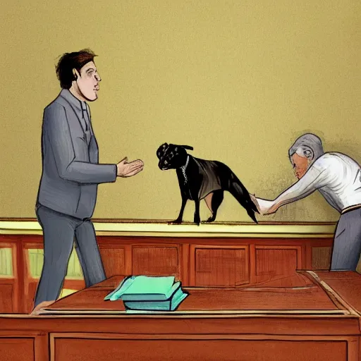 Prompt: an illustration of a dog accused inside a court, tribunal, a lawyer trying to defend him, pastel colors, 8 k, ultra detailed,