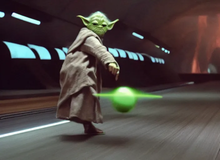 Image similar to film still of yoda uses the force to roll a bowling bowl down a lane in a bowling alley in the new Star Wars movie, 4k