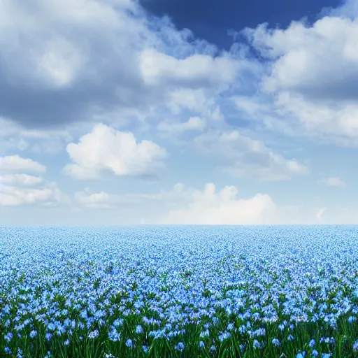 Image similar to a field of light blue daisies with a white sky in the background, matte painting