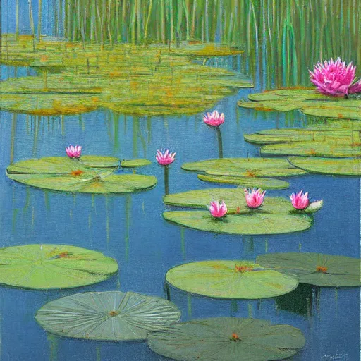 Prompt: A peaceful painting that shows a pond with water lilies floating on the surface. The colors are soft and calming, and the overall effect is one of serenity and relaxation. comatesque inlay by Chantal Joffe, by Jacek Yerka, by Ross Tran