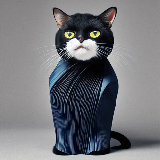 Prompt: A cat wearing clothes designed by Issey Miyake pleats