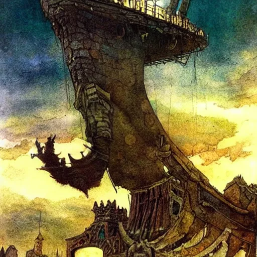 Prompt: Fantasy village, the inhabitant looking up at the sky. The sky is completely covered to the horizon by an incredibly giant airship-like ship. Extremely high detail, realistic, medieval fantasy art, masterpiece, Arthur Rackham art, art by Boris Vallejo, Frank Frazetta.