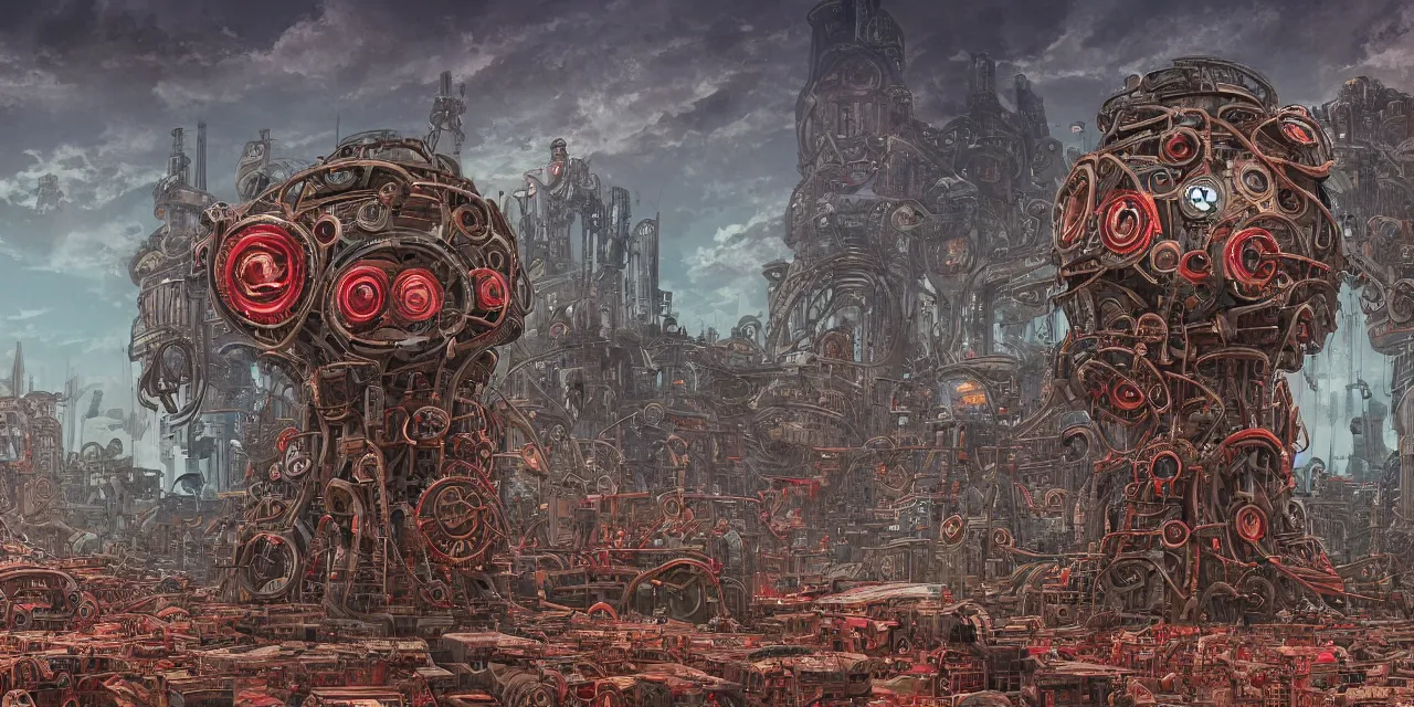 Image similar to hyper detailed comic illustration of a giant fleshy bio-mechanical machine tower with one eyeball at the top, overlooking a dystopian wasteland, bright colors with red hues