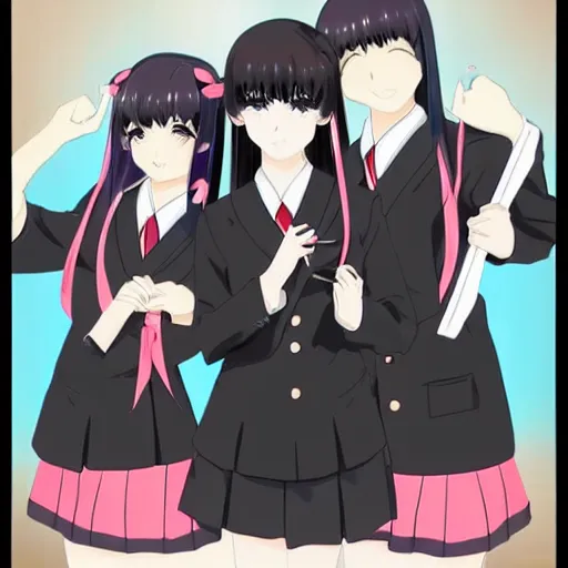 Prompt: beautiful and elegant Japanese schoolgirl with straight and long black hair in black high school uniform, anime style