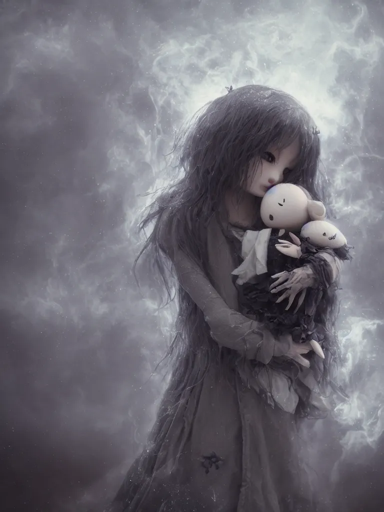 Image similar to cute fumo plush of a cursed frail witch girl held tight in the arms of a ghost mother, hugging and cradling, anime, melting volumetric smoke and fog, environment map pbr reflective stormy water, gothic maiden, bokeh, vignette, vray