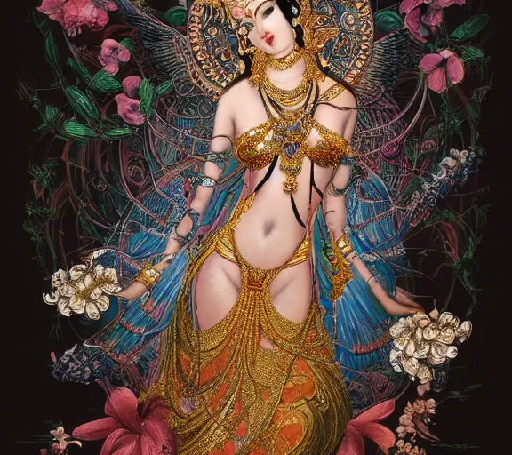 Image similar to breathtaking detailed concept art painting art deco pattern a beautiful devi goddess with shinny skin on sitted on an intricate metal throne, hands pressed together in bow, light - flowers with kind piercing eyes and blend of flowers and petals, by hsiao - ron cheng and john james audubon, bizarre compositions, exquisite detail, extremely moody lighting, 8 k h 1 0 2 4