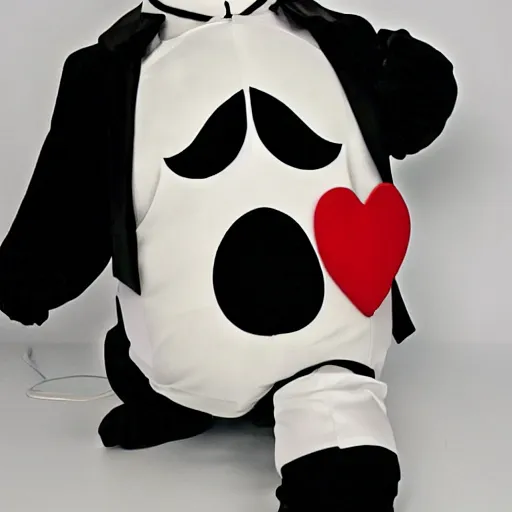 Image similar to a tuxedo for a big man with small legs, heart shaped goden mask with white lights for eyes.