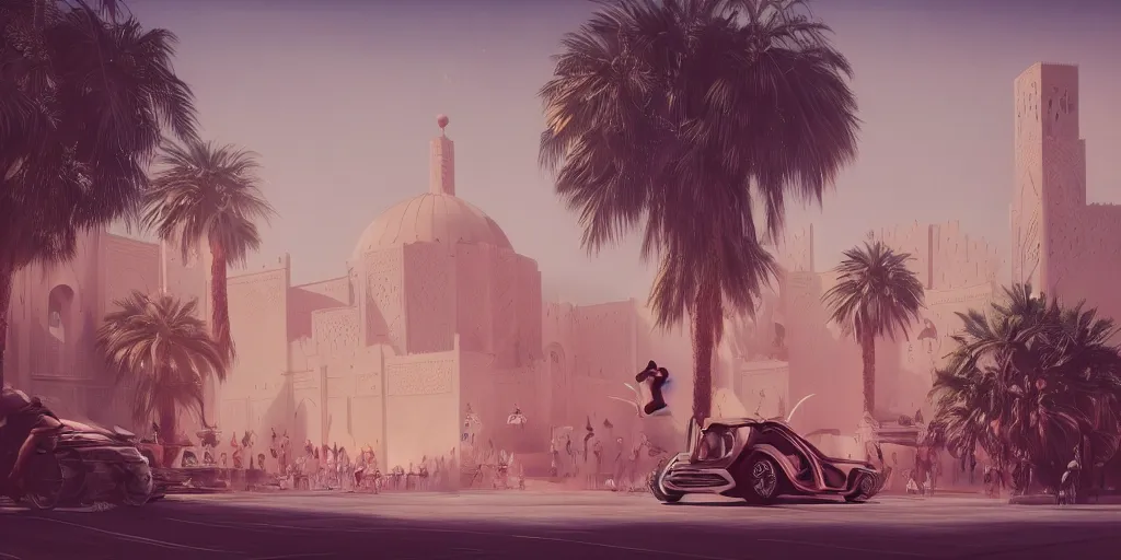 Image similar to Futuristic Morocco, palm trees , Moroccan mosque ,WLOP, flying cars ,James Jean, tom bagshaw, rococo, trending on artstation, fantasy, intricate, elegant, highly detailed, digital painting, concept art, smooth, illustration, cinematic lighting, hyper realism, octane render, 8k, hyper detailed.