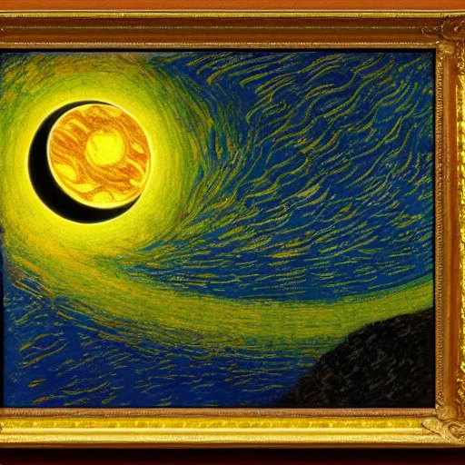 Image similar to stars, solar eclipse, looming over the earth, hdr, hq, painting by gustave dore and vincent van gogh and claude monet