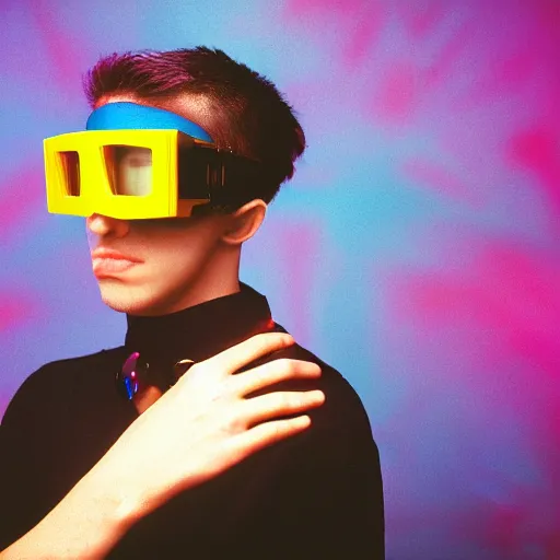 Image similar to kodak ektachrome e 1 0 0 photograph of a skinny nerdy goth guy with wild hair wearing goggles and eclectic jewelry, moody lighting, telephoto, 9 0 s vibe, rave background, vaporwave colors, faded!,