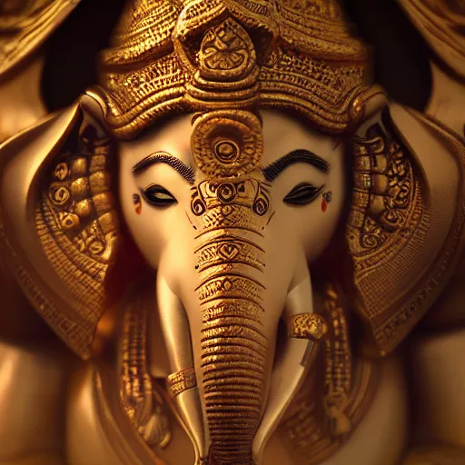 Image similar to Ganesha, 8k, highly realistic, hyper detailed, unreal engine 5, IMAX quality, realistic, cinematic, epic lighting, backlight, trending on Artstation, CG society, in the style of Ina Wong, Greg Rutkoeski, Ridley ScottAlphose Mucha