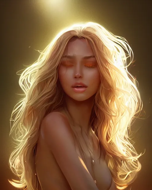 Image similar to summer vibes, beautiful sun tanned woman portrait, flowy golden hair, sun, summer, cinematic lighting, highly detailed, digital painting, trending on artstation, pixiv, concept art, sharp focus, illustration, art by ross tran and wlop