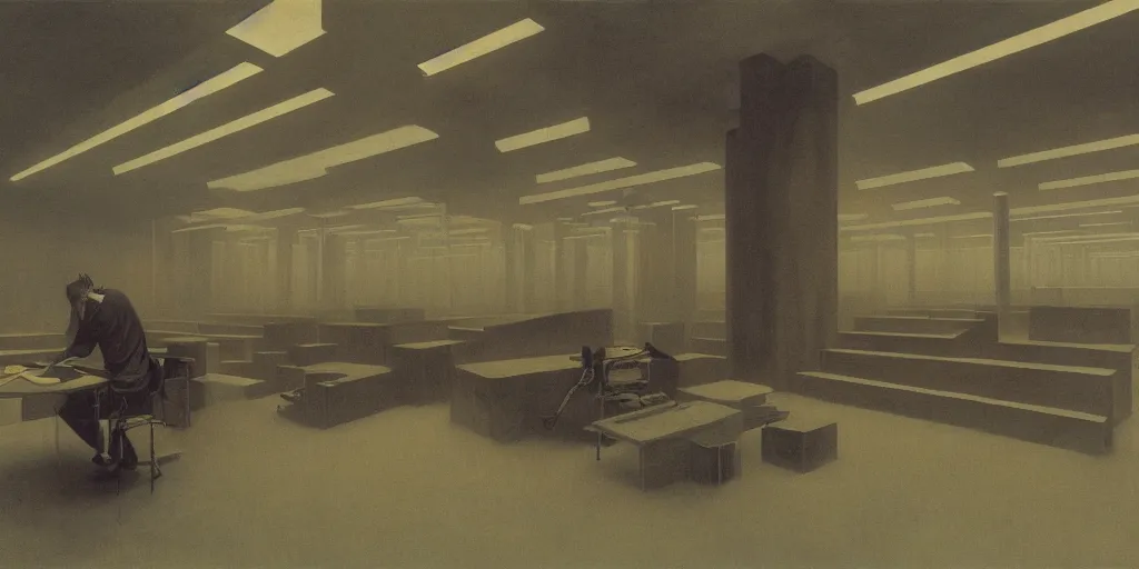 Prompt: a dystopian office interior with huge holographic displays everywhere, beksinski and syd mead cinematic matte painting