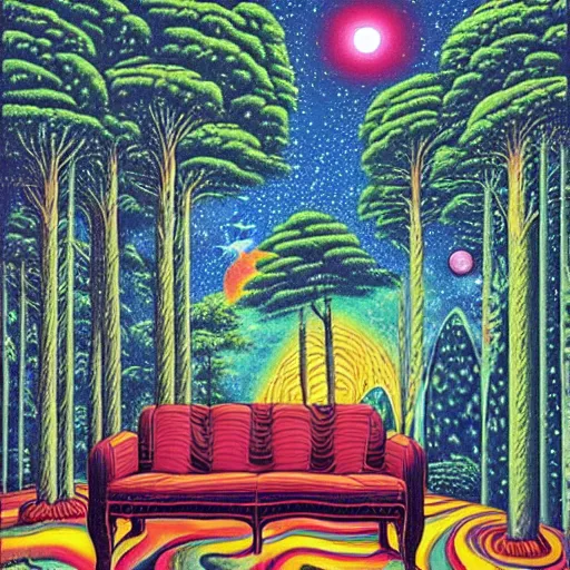 Image similar to psychedelic trippy river pine forest, planets, milky way, sofa, cartoon by rob gonsalves