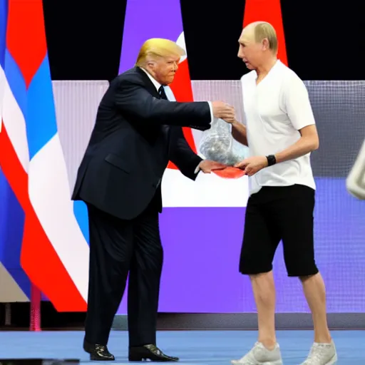 Image similar to Donald Trump throwing fridge at Vladimir Putin