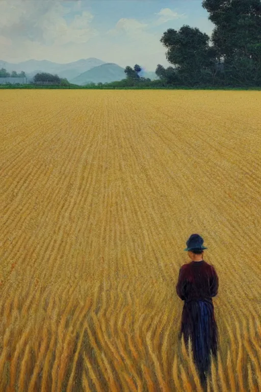 Prompt: cat farmer, walking in the wheat field, nature landscape on the background, fenghua zhong, sharp deep, oil art