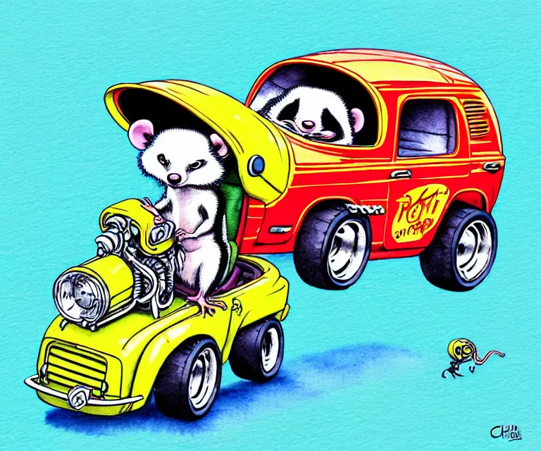 Image similar to cute and funny, opossum wearing a helmet riding in a tiny hot rod with oversized engine, ratfink style by ed roth, centered award winning watercolor pen illustration, isometric illustration by chihiro iwasaki, edited by range murata, tiny details by artgerm and watercolor girl, symmetrically isometrically centered, focused