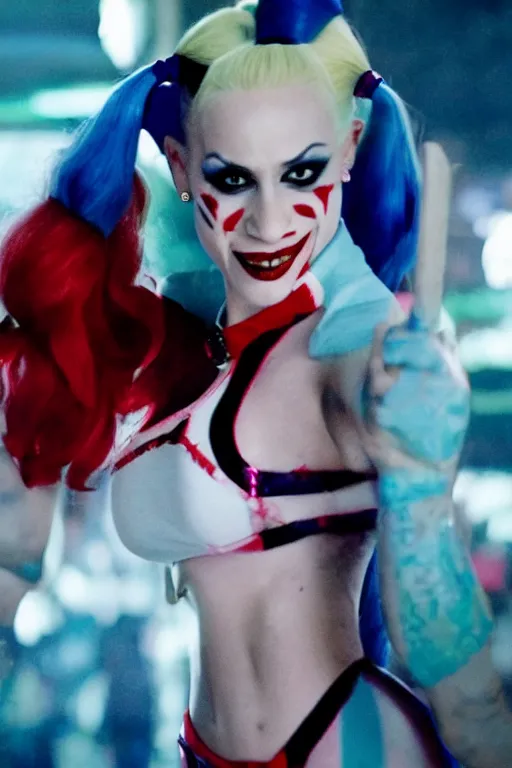 Prompt: film still of iggy azaela as Harley Quinn in Joker 2, full-shot, 4k