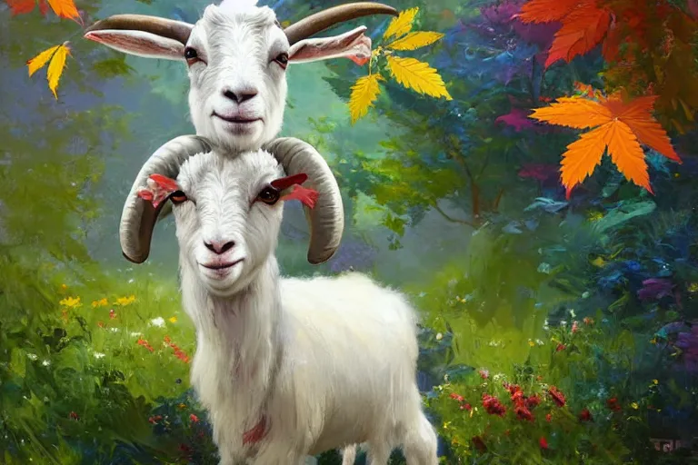 Image similar to cute goat with huge googley eyes eyes looks intensely into the camera, marijuana trees, multicolored weed leaves, dynamic lighting, landscape, artwork by jeremy lipkin and giuseppe dangelico pino and michael garmash and rob rey and greg manchess and huang guangjian and makoto shinkai, pixiv, 1 0 0 mm