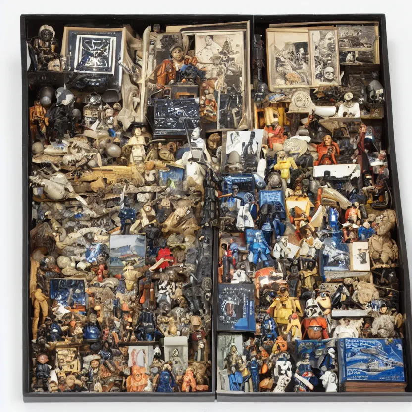 Prompt: a well - lit, detailed museum archive rich color photograph of a star wars memory box by joseph cornell, containing action figures, black and white photographs, and a star chart