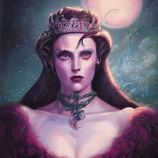 Image similar to portrait of princess of the dreamlands and moon beast, beautiful! coherent! by brom, deep colors, strong lines, high contrast