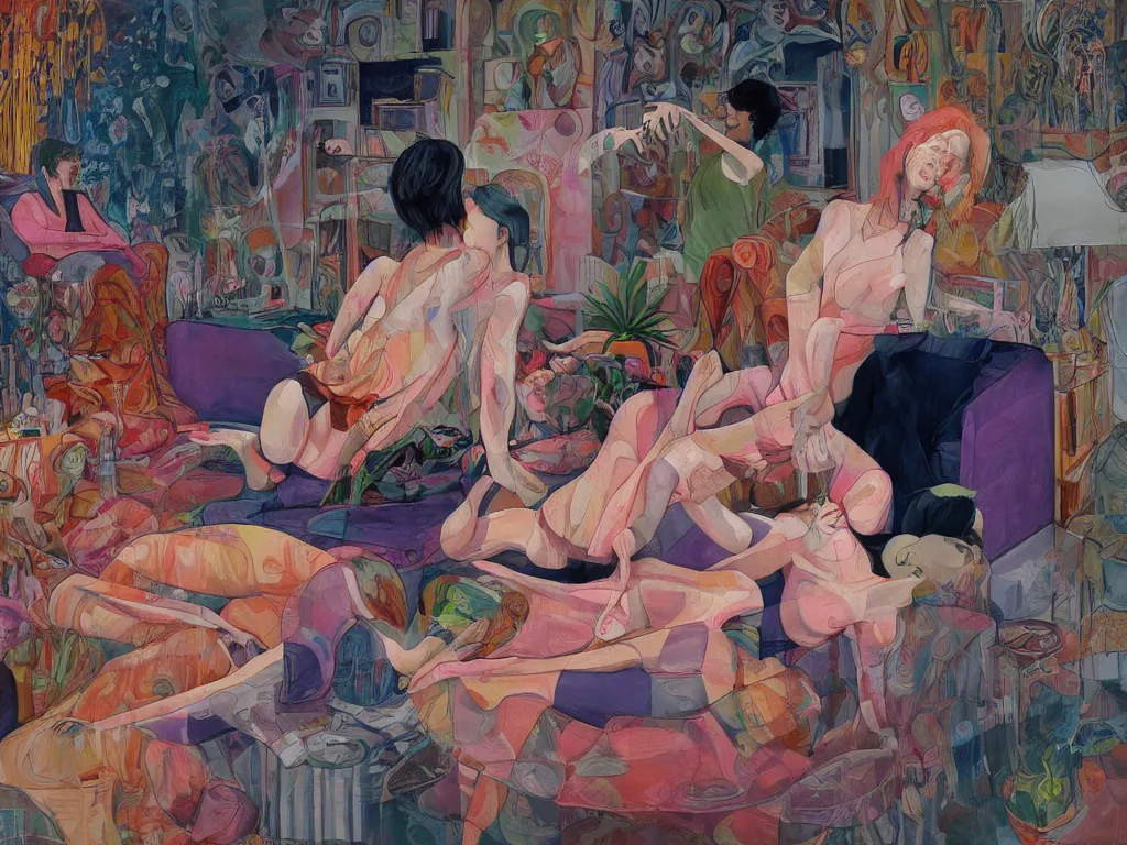 Prompt: Man and woman start to bounce in a living room of a house, floating dark energy surrounds the middle of the room. There is one living room plant to the side of the room, and another woman with siren body sitting on the sofa, expressionist painting by martine johanna and moebius